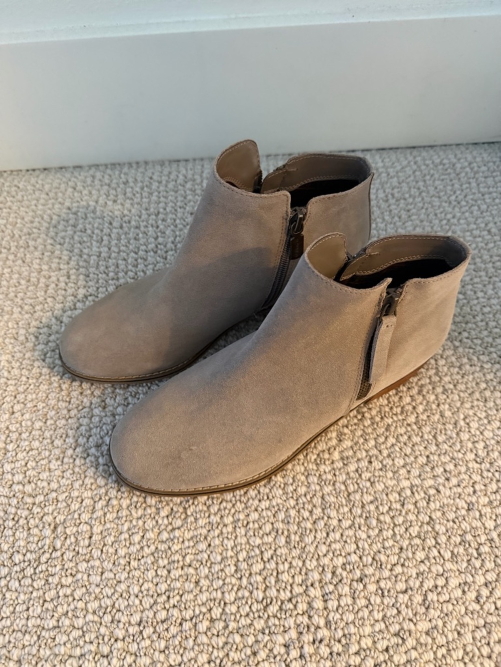 Women’s Blondo Taupe Suede Low Heel Ankle Booties with Side Zipper